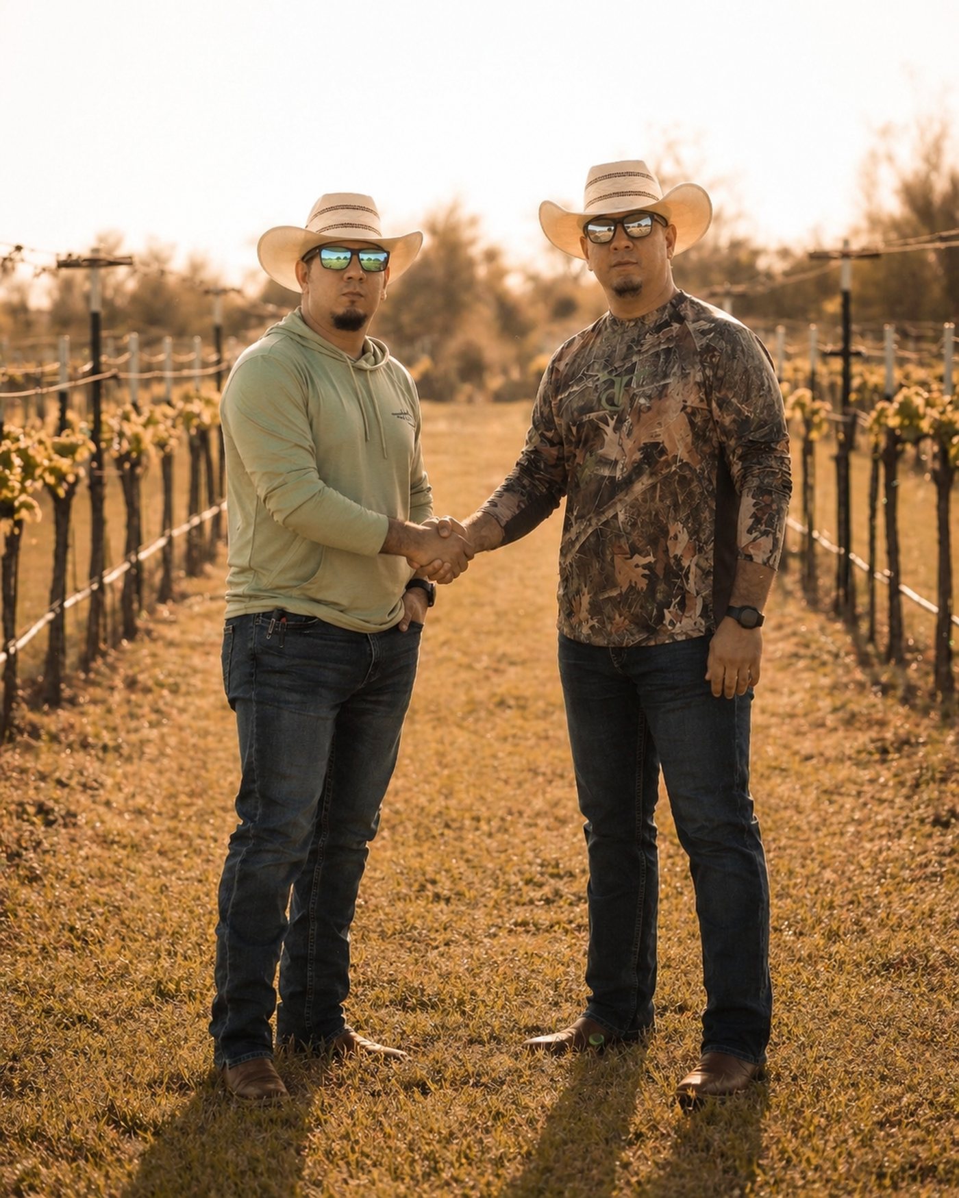 The Zuniga brothers shaking hands outdoors in Central Texas.