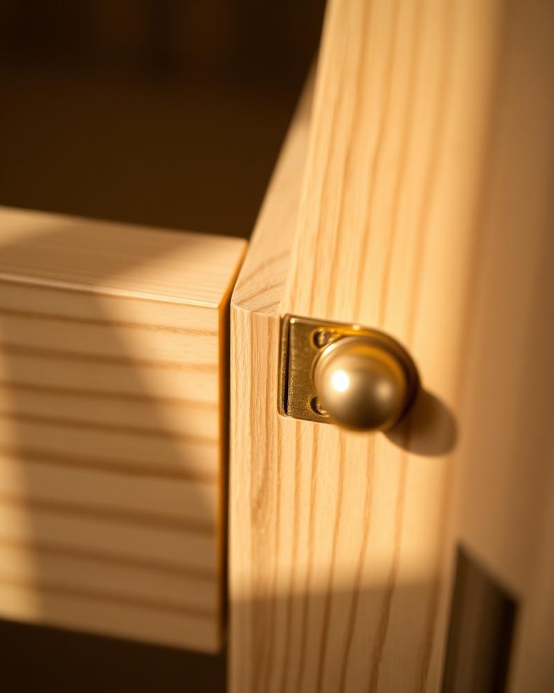 Close-up of a white oak cabinet door joint with a solid brass hinge