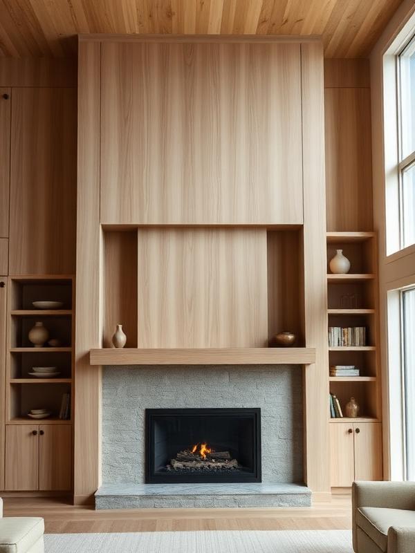 Concept example of floor-to-ceiling white oak fireplace cabinetry with open shelving
