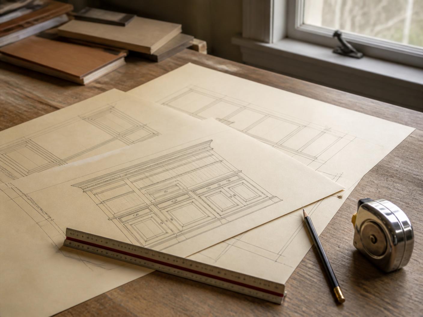 Cabinet elevation drawings laid out on a workbench with a scale rule