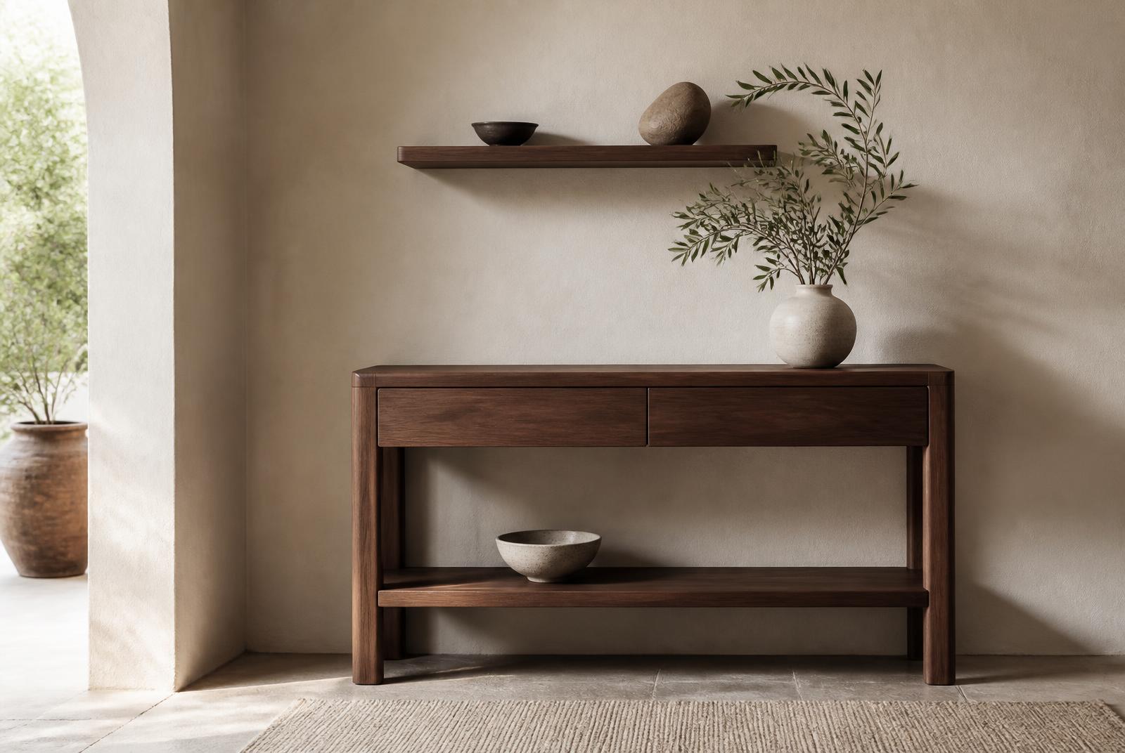 Walnut console table and floating shelf against a warm plaster wall