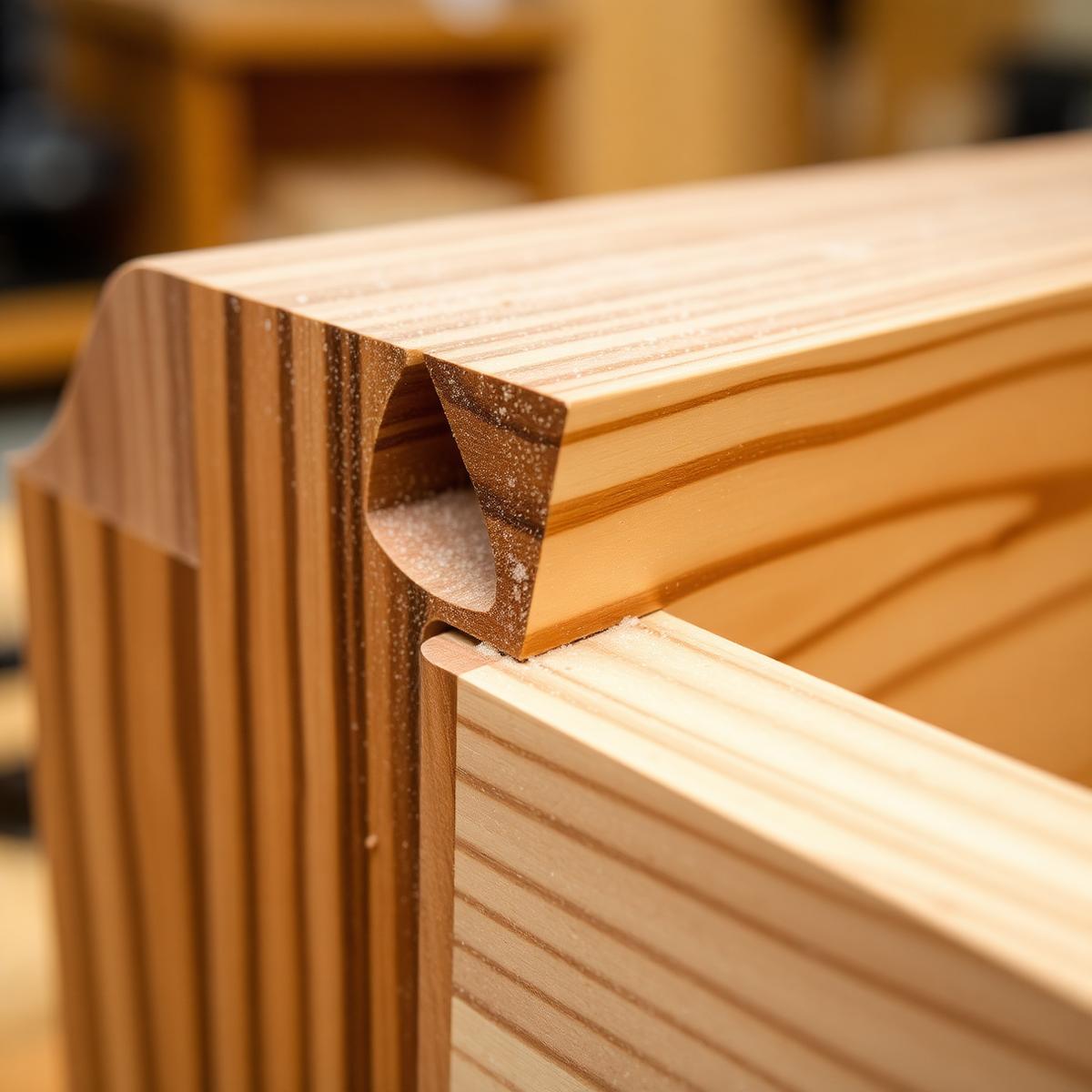 Close-up of a cut joint in hardwood showing crisp shoulder lines