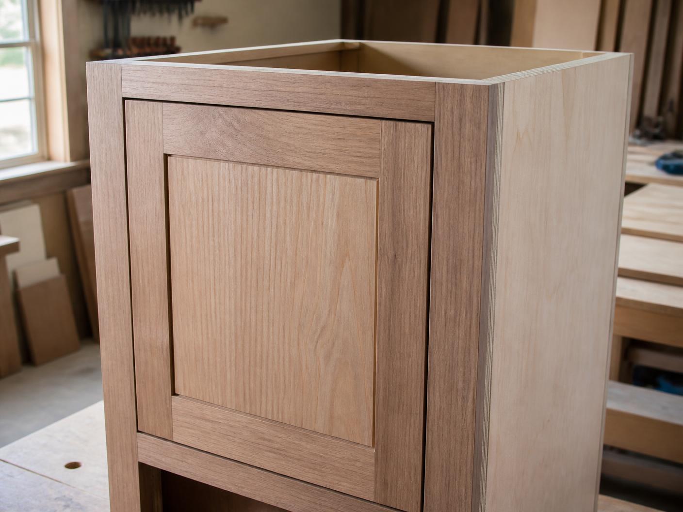 Unfinished cabinet box showing a hardwood face frame and a flush inset door