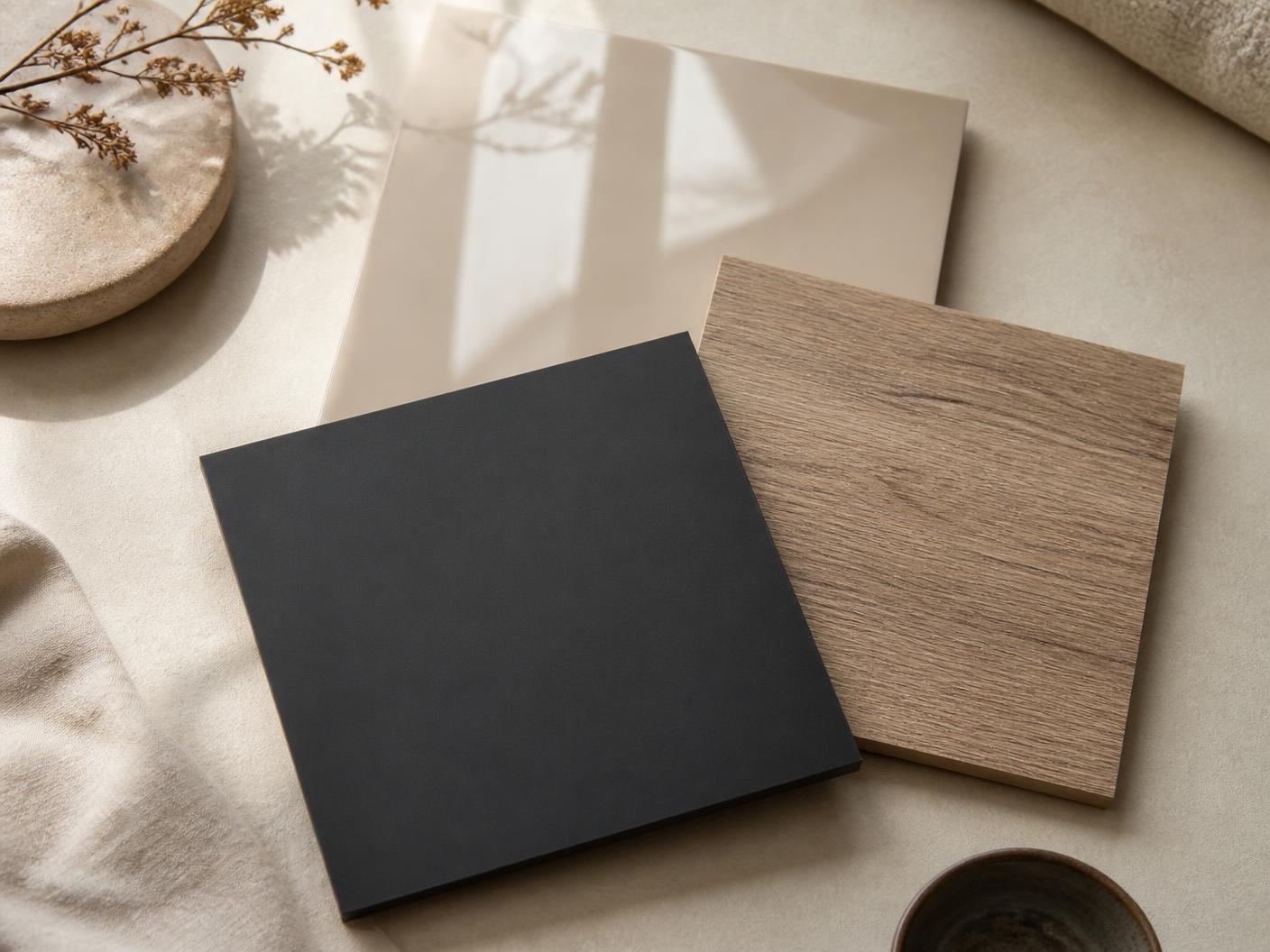 Super-matte, high-gloss and wood-look decorative panel samples on a neutral surface