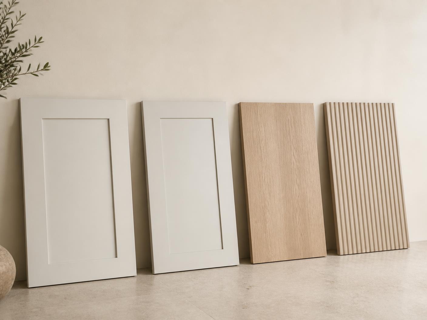 Four cabinet door samples: shaker, slim-rail shaker, oak slab, and fluted panel
