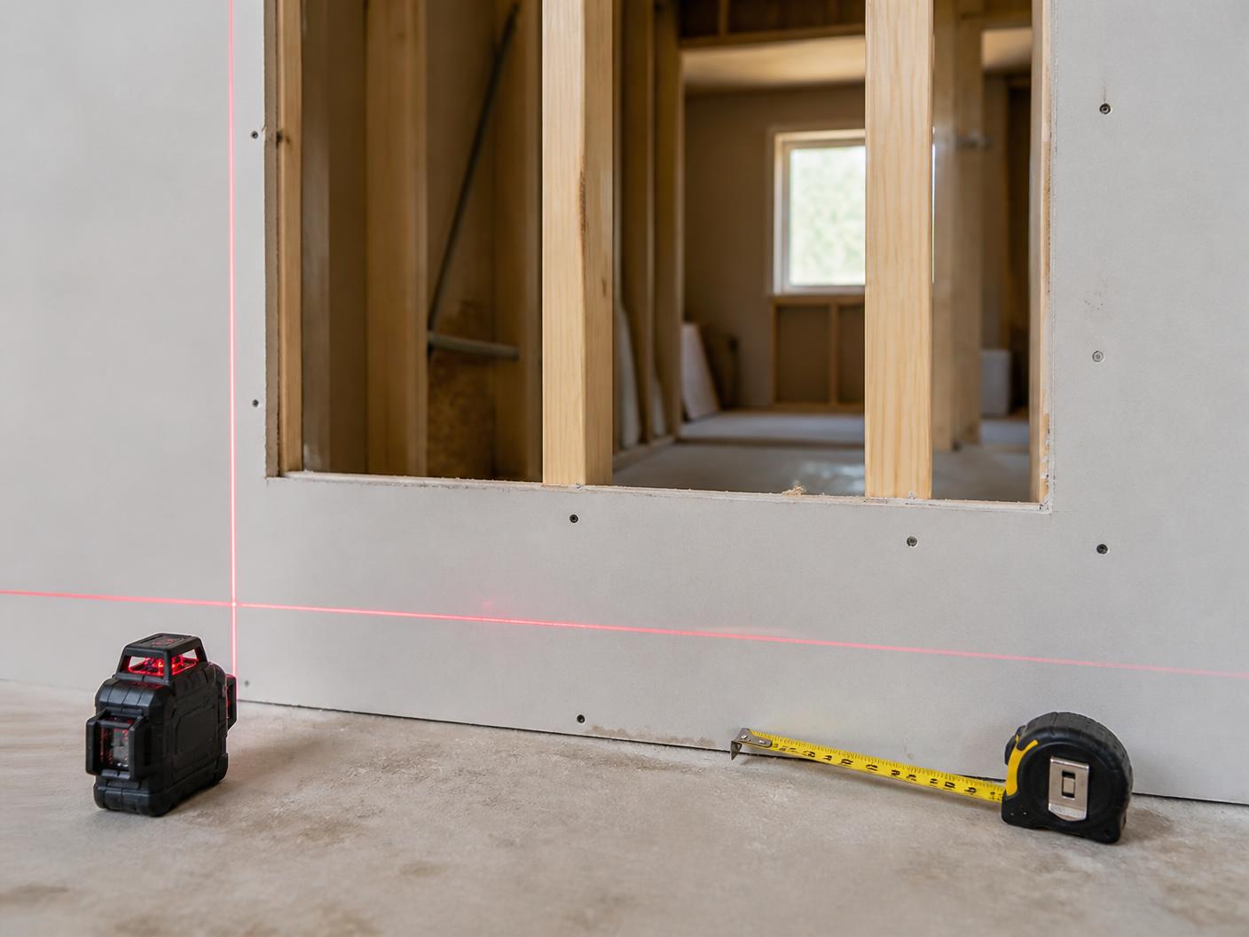 Laser level and tape measure at a framed wall opening during field verification