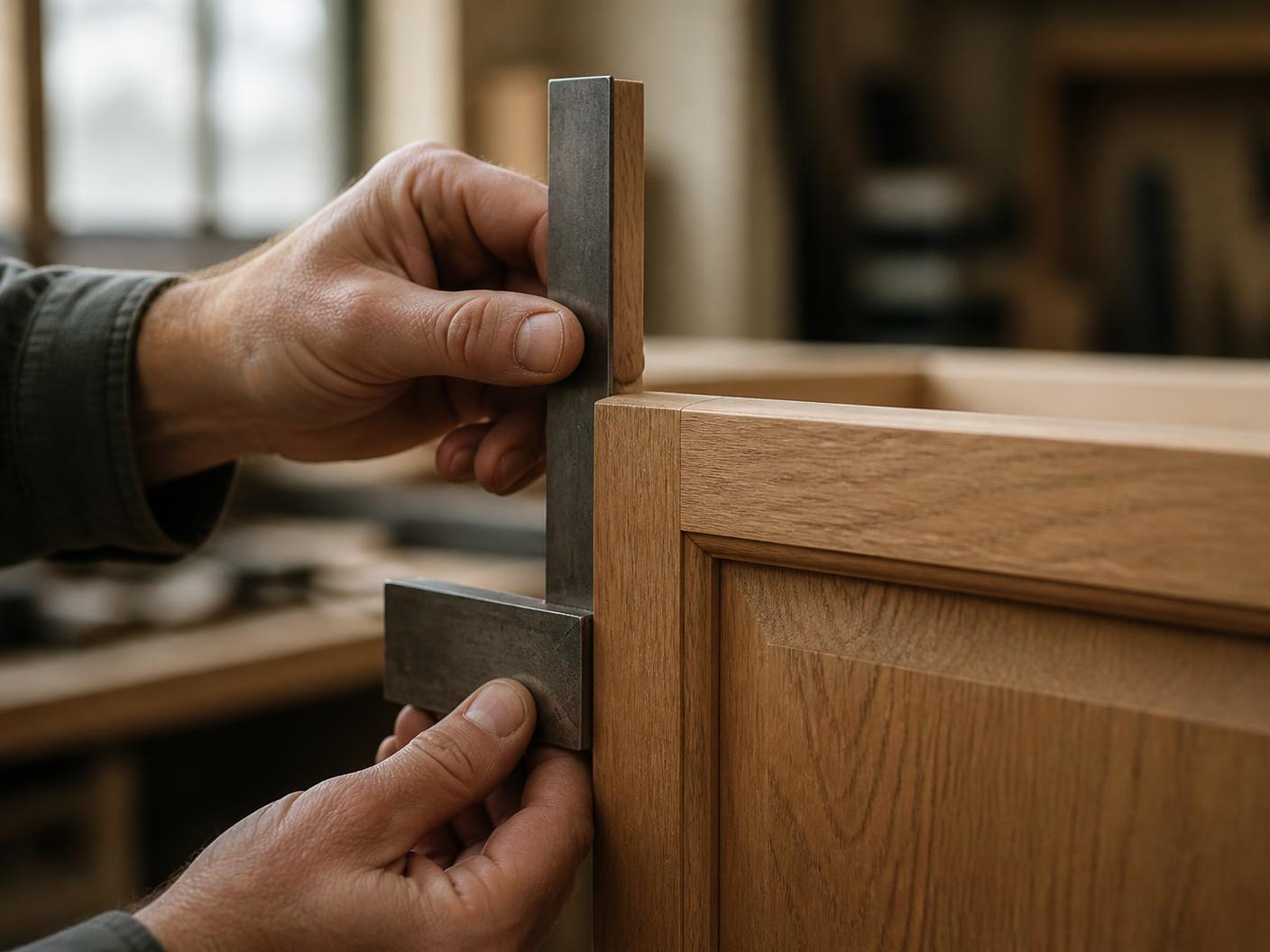 Hands checking a white oak cabinet door edge with a machinist square in the shop