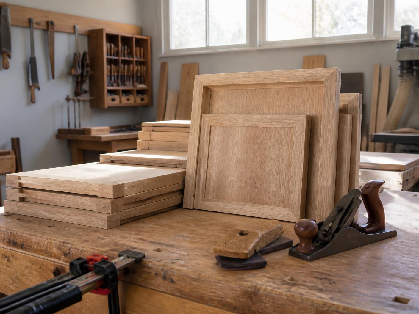 Cabinet doors and parts stacked on a workbench in the shop