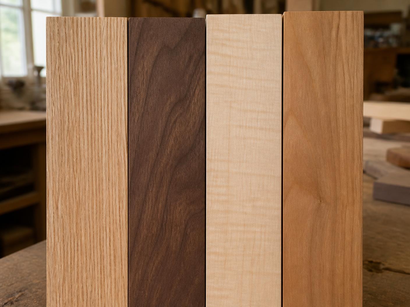 Boards of white oak, walnut, maple and alder standing on end showing grain