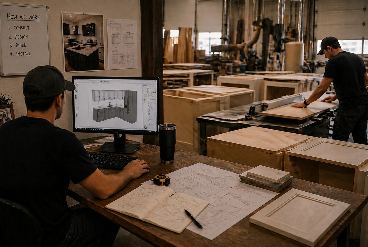 Cabinet Vision drafting at the shop desk while a cabinet door is handled at the bench behind.