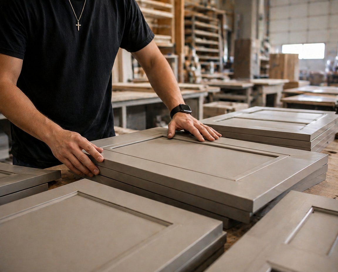Finished cabinet doors being checked and stacked in the shop.